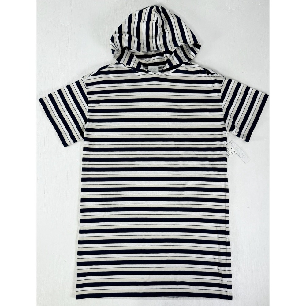 NEW Abound Hooded Mia Striped Dress Coverup Navy Blue Tan White Organic Cotton S